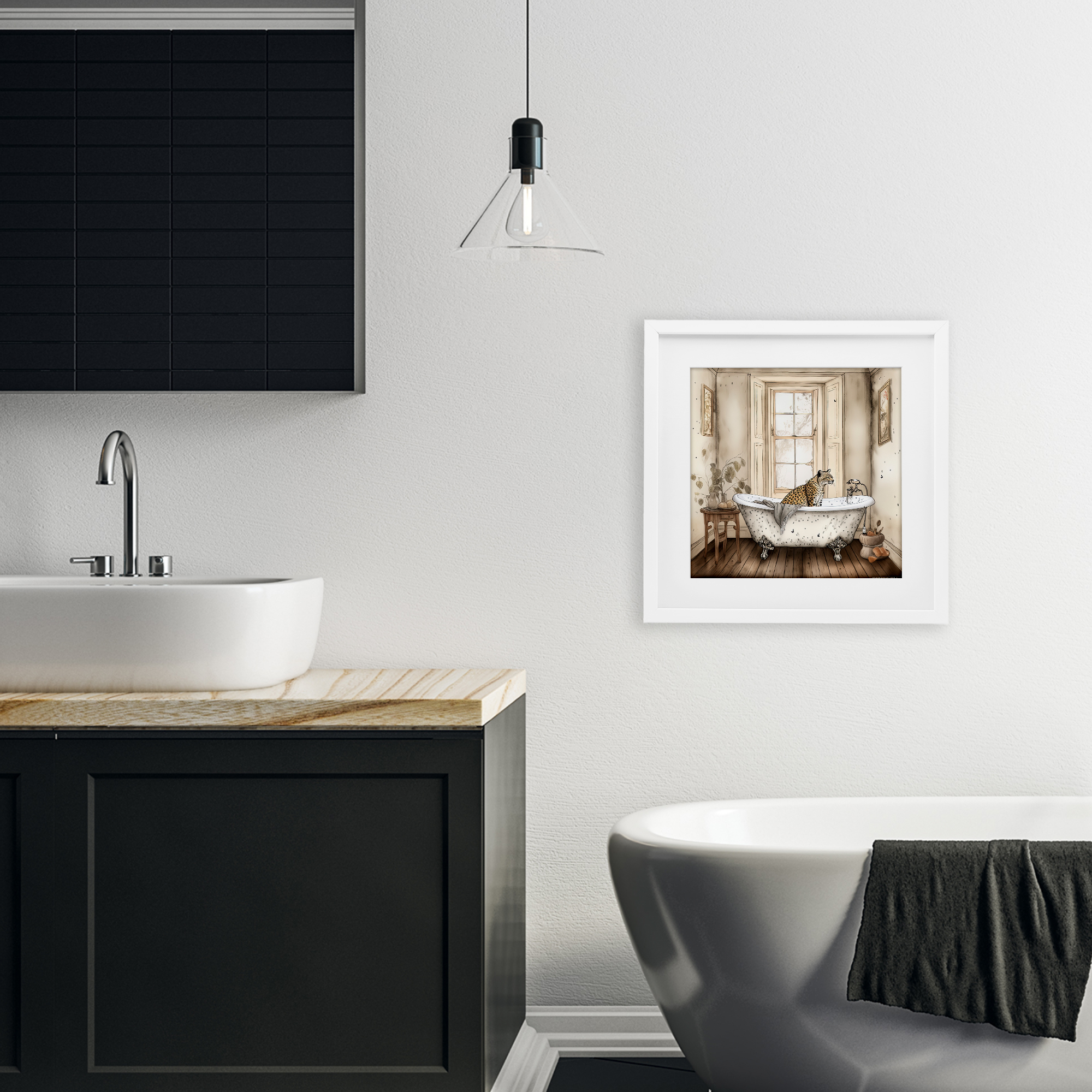 Neutral Leopard Bathtime White Framed Print Under Glass, design by Sasha