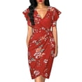 thumbnail image 1 of DYMADE Women V-neck Slim Pleated Flare Sleeve Printed Dress, 1 of 4
