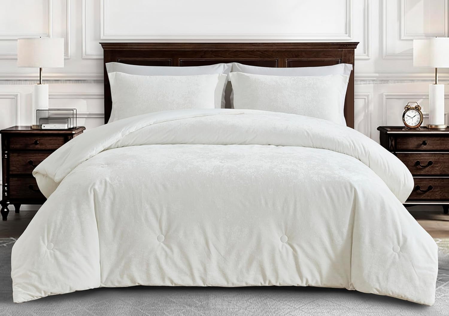 Chezmoi Collection Lux 3-Piece Cream White Velvet Comforter Set Queen Size, All Season Lush Plush Velvet Bedding Set with Soft Washed Microfiber Reverse