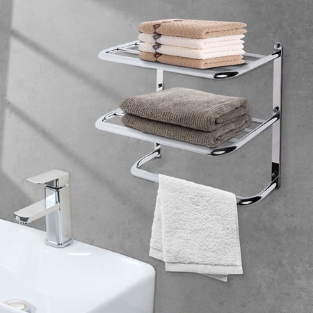Miumaeov 2 Tier Double Layer Bathroom Wall Mounted Drilling Towel Rail Holder Storage Rack Shelf Bathroom Hotel Holder Storage Shelf Stainless Rust-Proof 55.5 * 45 * 20.5cm Silver