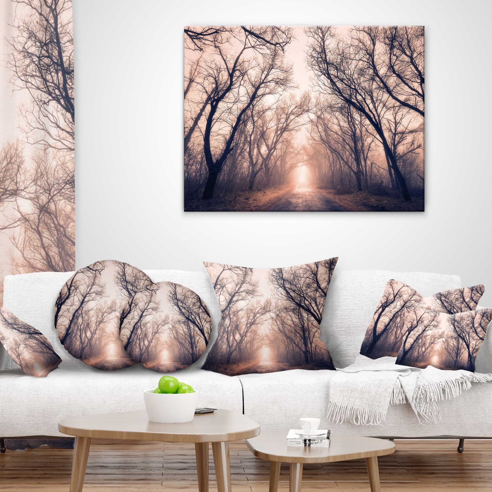 Designart Road Through Mystical Dark Forest - Landscape Photography Throw Pillow - 18x18