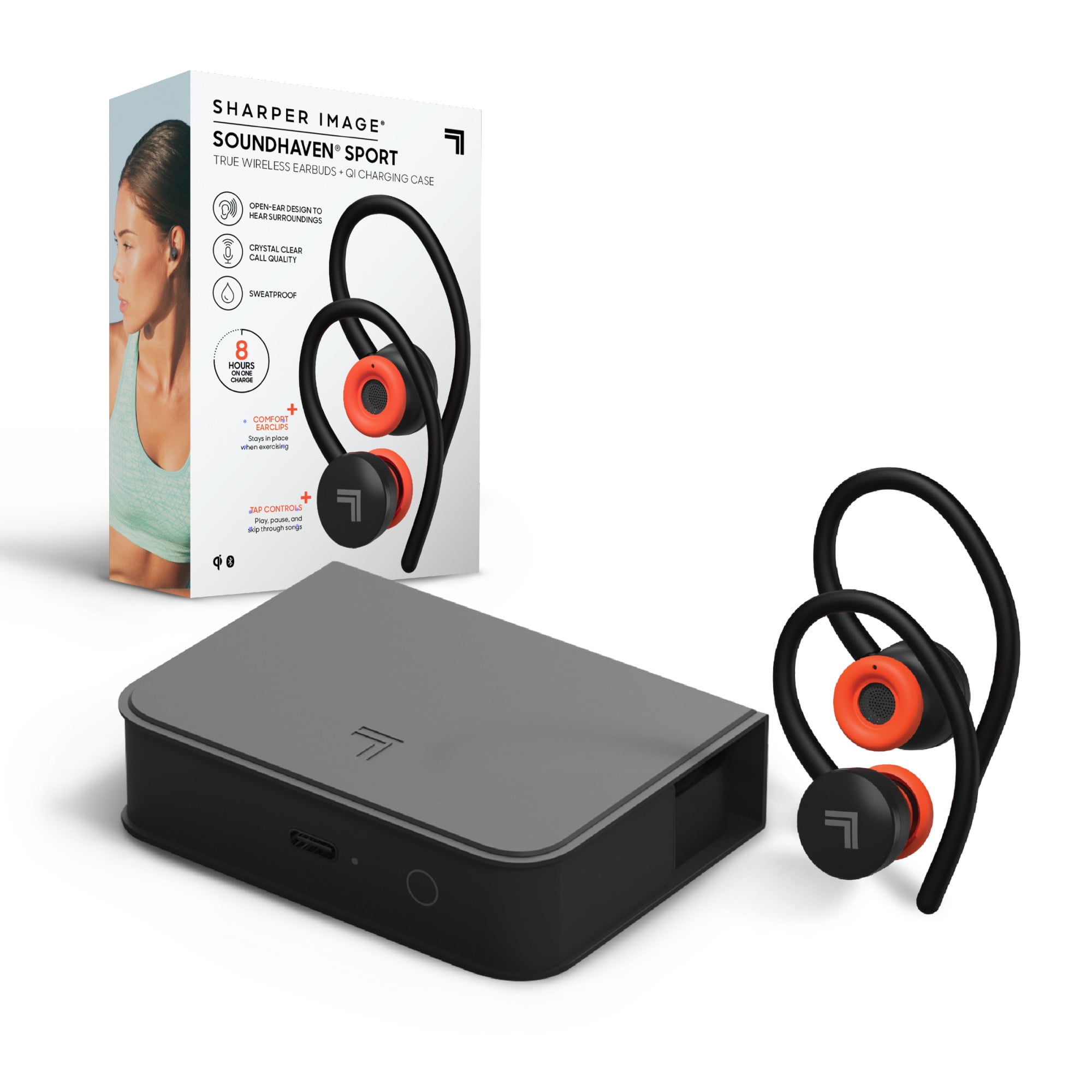 Sharper Image SoundHaven Sport True Wireless Earbuds with Qi Charging Case, Black