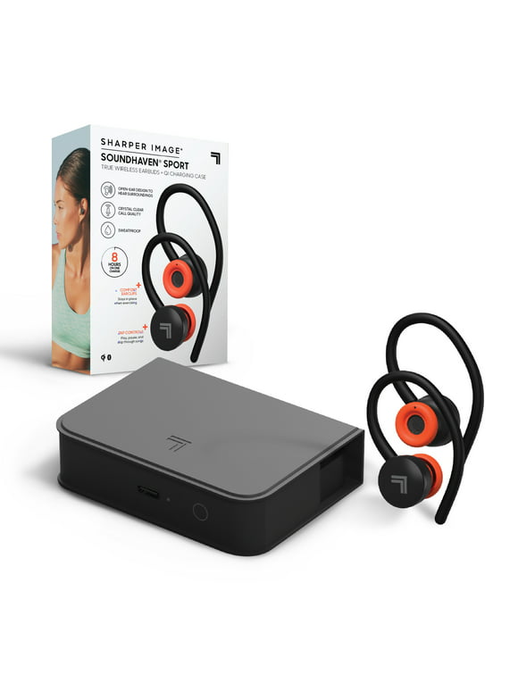 Sharper Image SoundHaven Sport True Wireless Bluetooth Earbuds with Qi Charging Case, Black