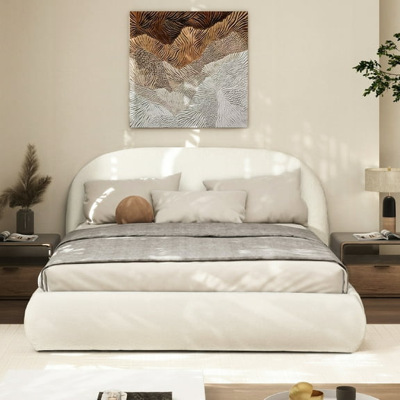 Queen Puffy Grounded Upholstered Bed In Almond White - Chenille Upholstery Sleek Platform Easy To Assemble And Use Bed, Luxury Fabric Stable Mattress Support Modern Fashionable Design