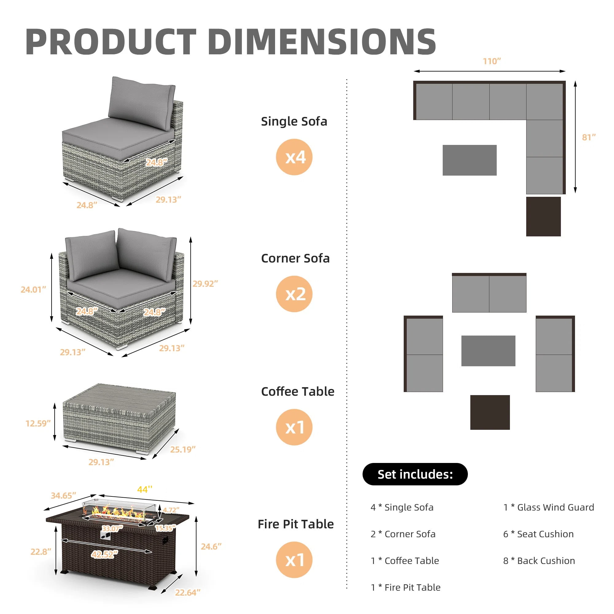 GYUTEI 7 Pieces Outdoor Patio Furniture Set with 44" Propane Fire Pit Table, PE Rattan Sectional Sofa Conversation Set w/Adjustable Bracket,Wood Coffee Table for Backyard (Grey)