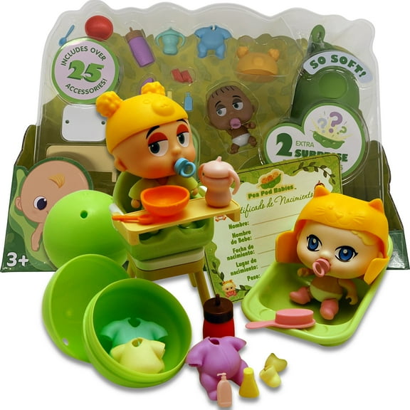 Pea Pod Babies: Dinner & Bath Time - 27pc Playset, Surprise Mini Dolls, Feeding & Bathing Accessories, Birth Certificate, Open & Reveal Toys, Kids 3 