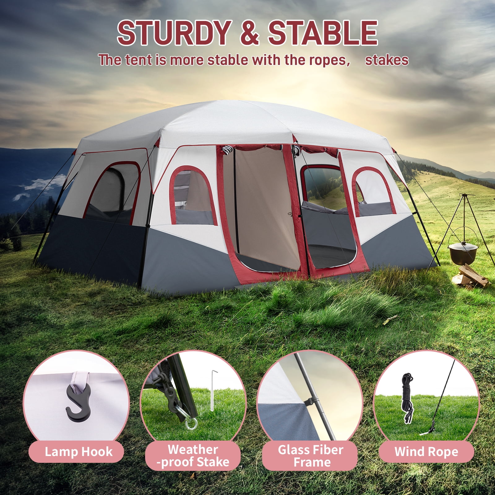 Ktaxon Family Camping Tent 10 Person Tent Waterproof  Windproof with Divided Curtain for Separated 2 Rooms with Carry Bag Outdoor
