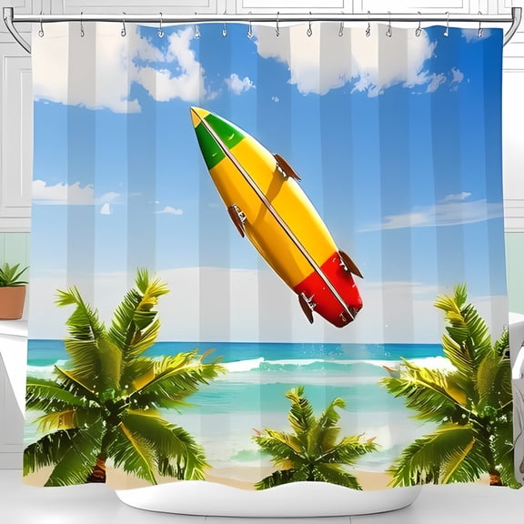 Vibrant Surfboard Shower Curtain - Tropical Beach Scene Colorful Design for a Fun Bathroom Decor