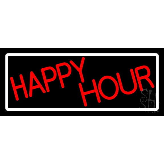 Red Happy Hour With White Border LED Neon Sign 10 x 24 - inches, Clear Edge Cut Acrylic Backing, with Dimmer - Bright and Premium built indoor LED Neon Sign for Bar decor.