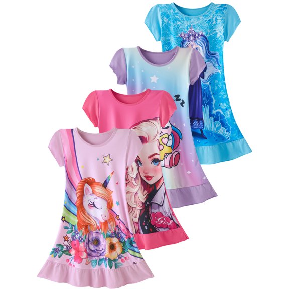 WIBACKER 3-8Y Toddler Girls Nightgowns Short Sleeve Nightdress Kids Nightie Dress Sleepwear - 1Pcs Rainbow Unicorn