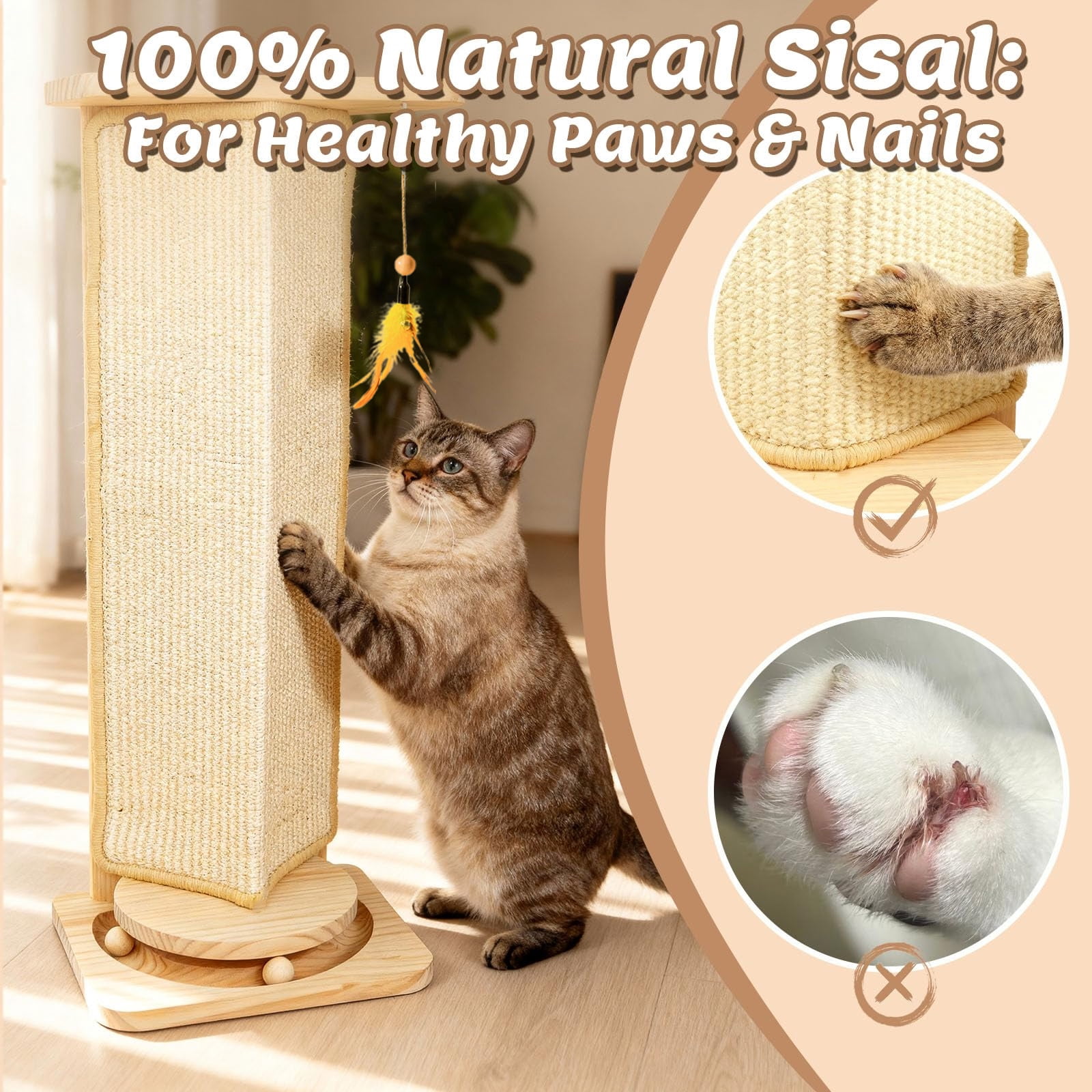 23" Under-Furniture Cat Scratcher, Sisal Scratching Post for Couch Corner, Furniture Protector Scratch Pad for Sofa with Toy Ball