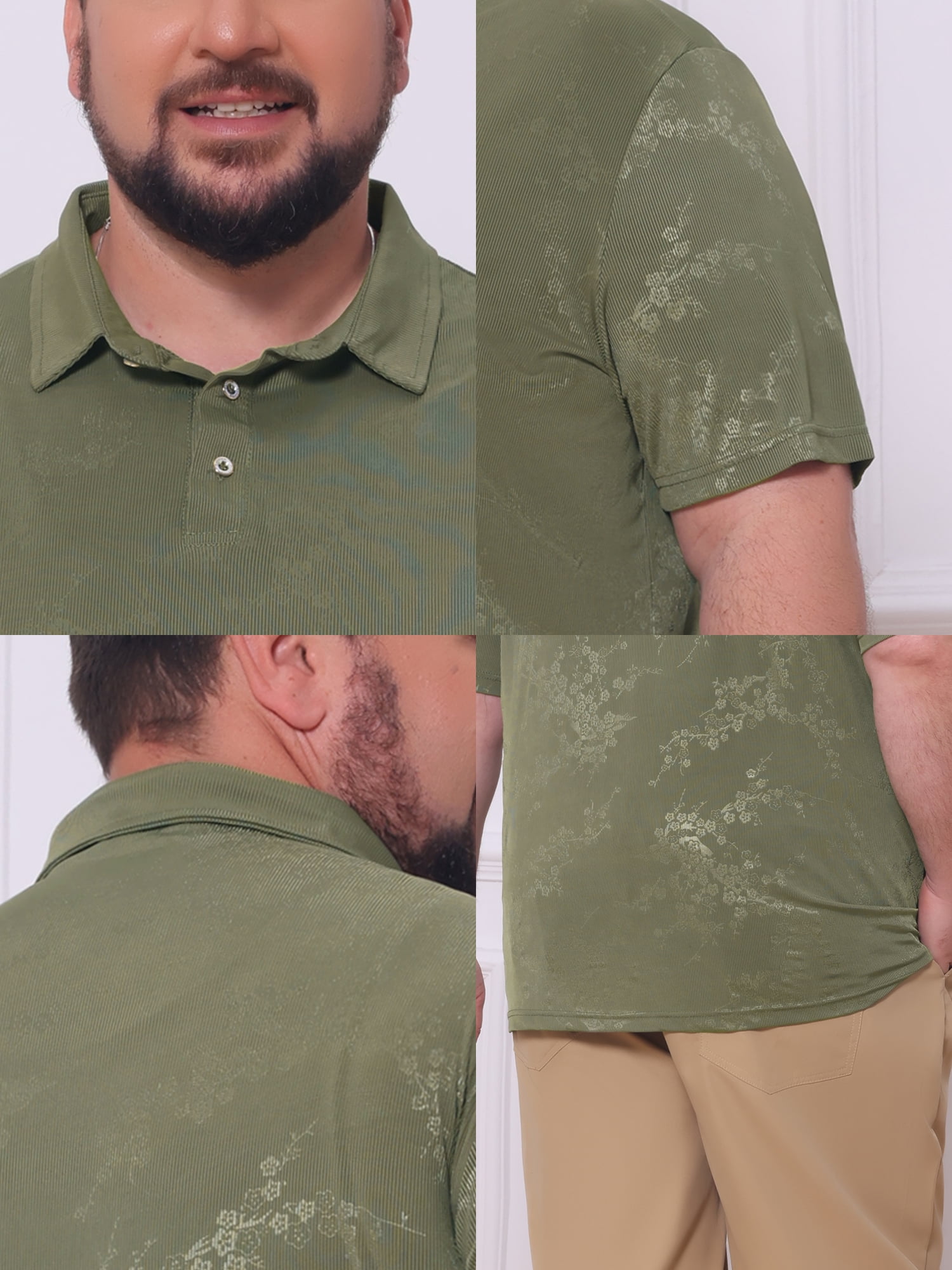 DARING DIVA Men's Big Tall Leaf Printed Short Sleeve Casual Polo Shirts 2XL Olive Green