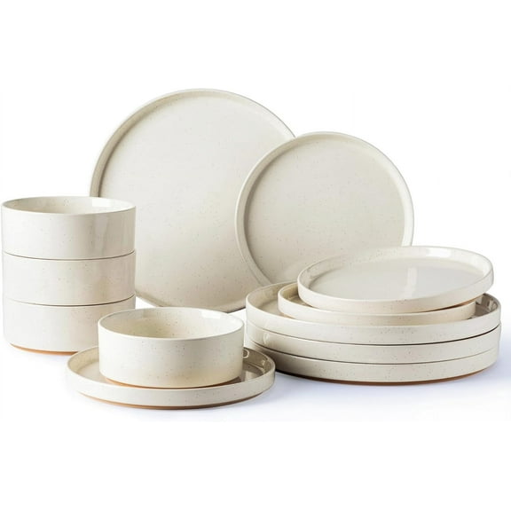Ceramic Dinnerware Set for 4 | Speckled Stoneware Plates and Bowls with unglazed terracotta | Scratch Resistant, Dishwasher & Microwave Safe Dishes Sets- 12-Pcs Beige
