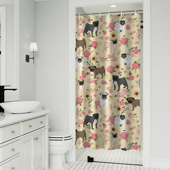 Pugs and Pioneer Flower Shower Curtain 36"x72" ,Bathroom Decorative Shower Curtains Set with 12 Hooks,Modern Waterproof Washable Shower Curtain