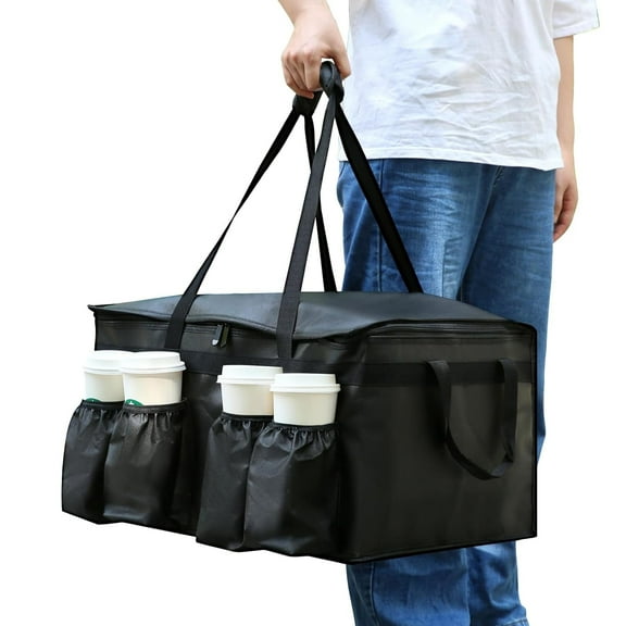 Insulated Food Delivery Bag with 4 Cup Holder, XXX-Large Insulated Grocery Bags with Zippered Top, Catering Cooler Bags with Drink Carrier, Commercial Food Warmer for Uber Eats/Doordash