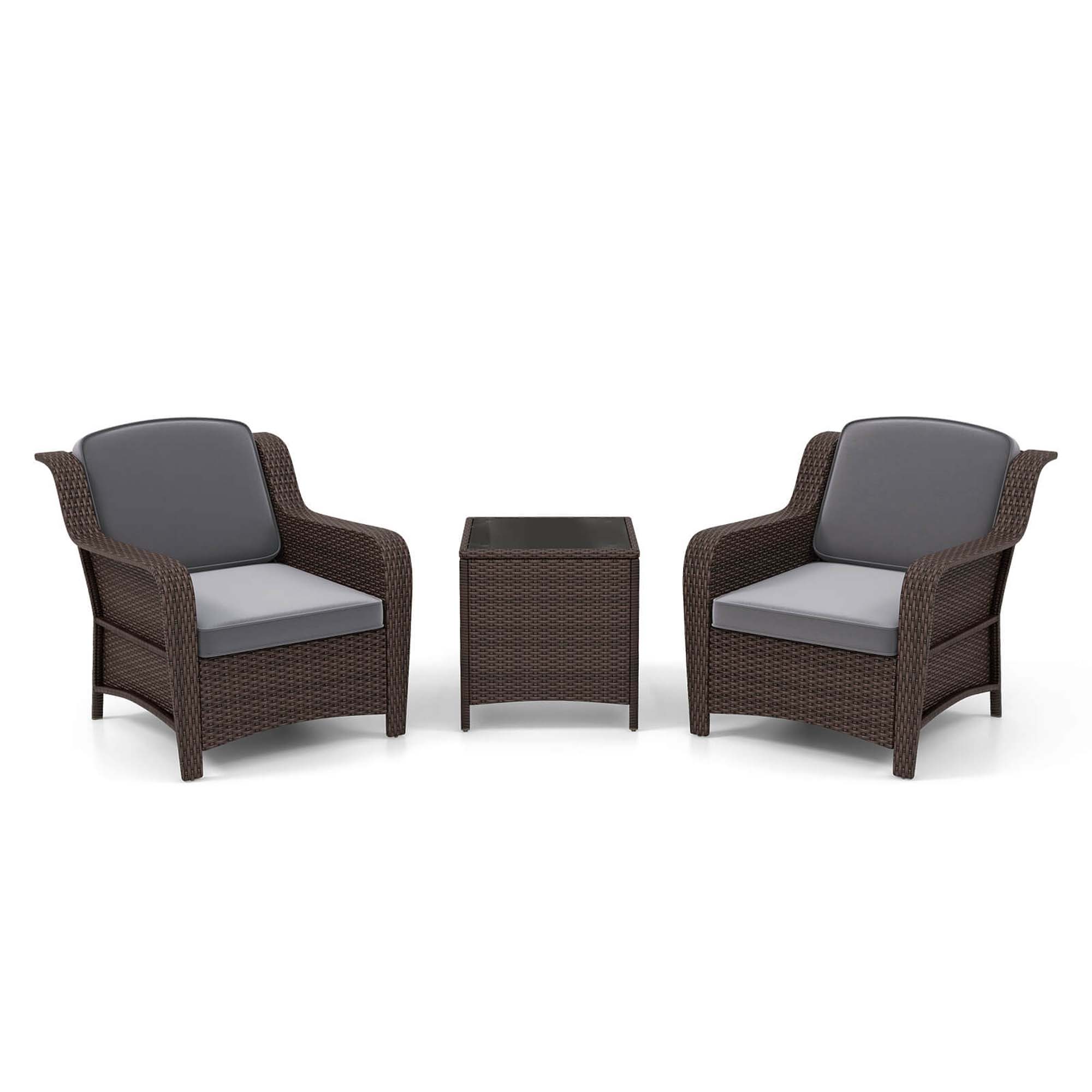 Costway 3 PCS Outdoor Patio Furniture Set with Cushions and Tempered Glass Coffee Table