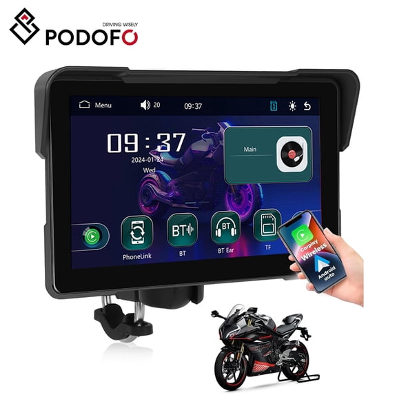 Podofo 7in MotorcycleTouchscreen Wireless CarPlay & Android Auto with Design Mount Waterproof/GPS Navigation/Bluetooth