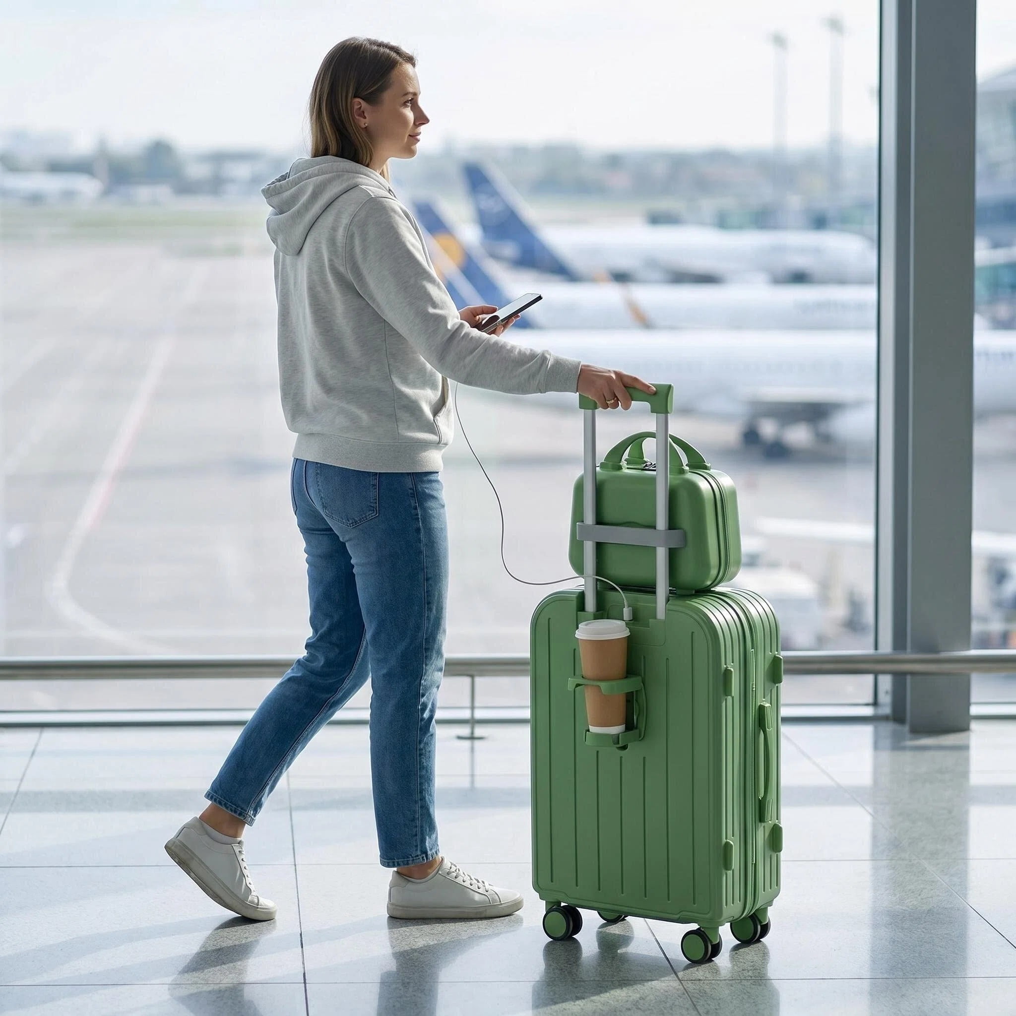 HEMXSZH 20 Inch ABS+PC Hardside Rolling Luggage with Handbag, Cup Holder & USB Port Suitcase, Green