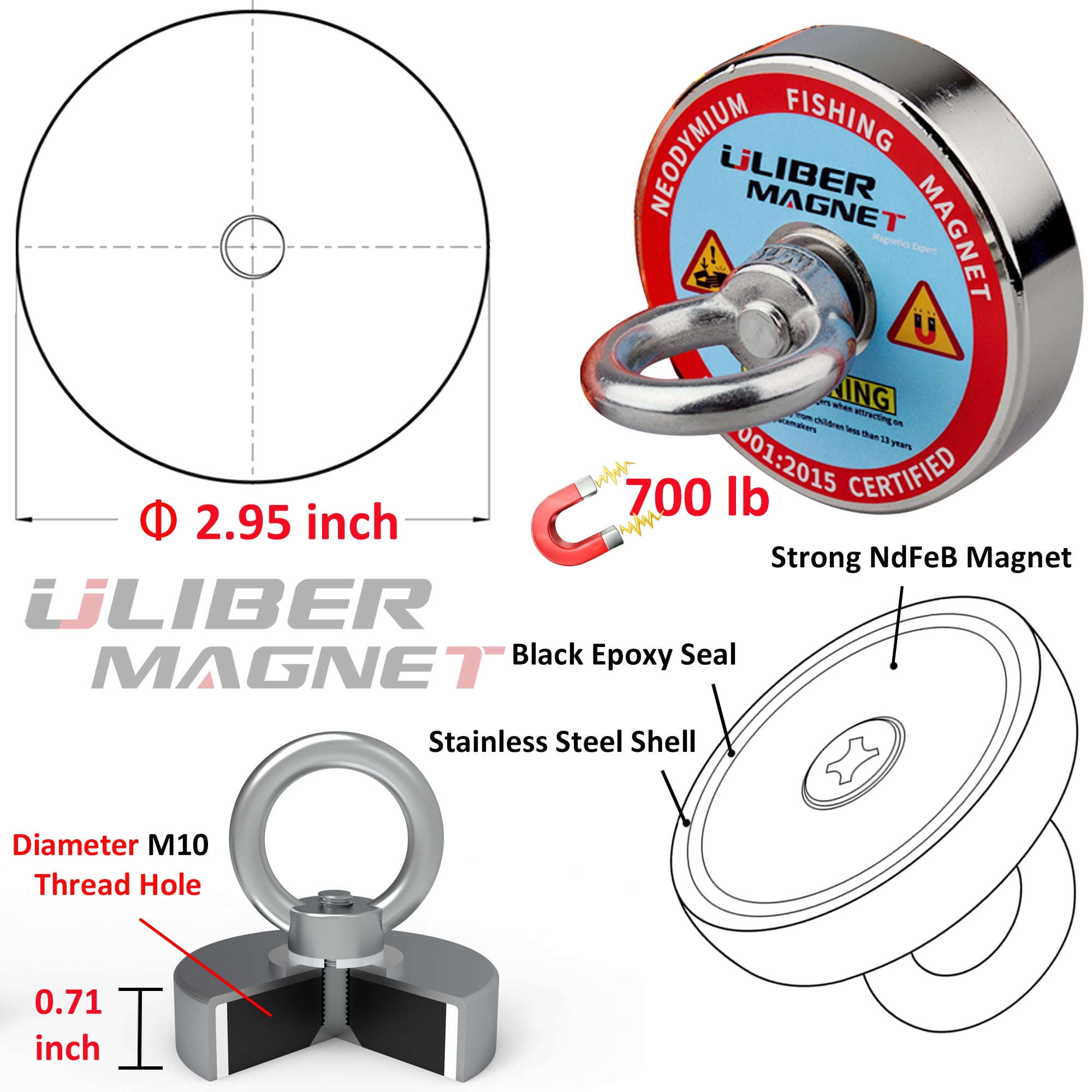 ULIBERMAGNET Ultra-Powerful Fishing Magnets 700LBS Pulling Force, N52 Neodymium Retrieval Fishing Magnets Diameter 75mm with Preferred Rope & Gloves Perfect Suitable Salvage, Treasure and Retrieving