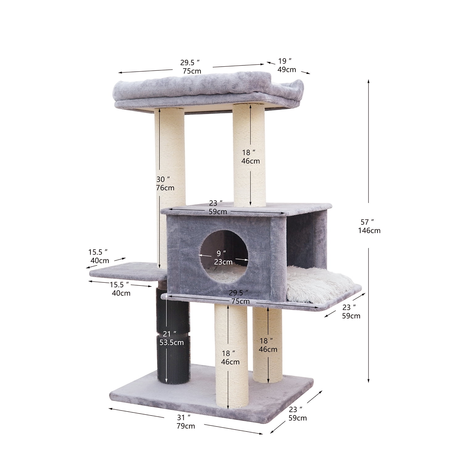 PetPals 57” Grand Maine Coon™ Cat Tree with Large Condo, Sisal Scratching Posts, Top Bed for Big Cats, Grey