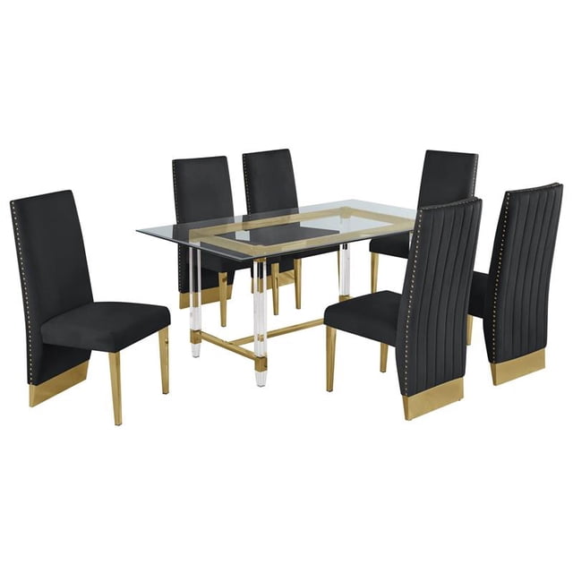 7pc. 68" x 40" Glass Dining Set with 6 Chairs and Gold Stainless Steel