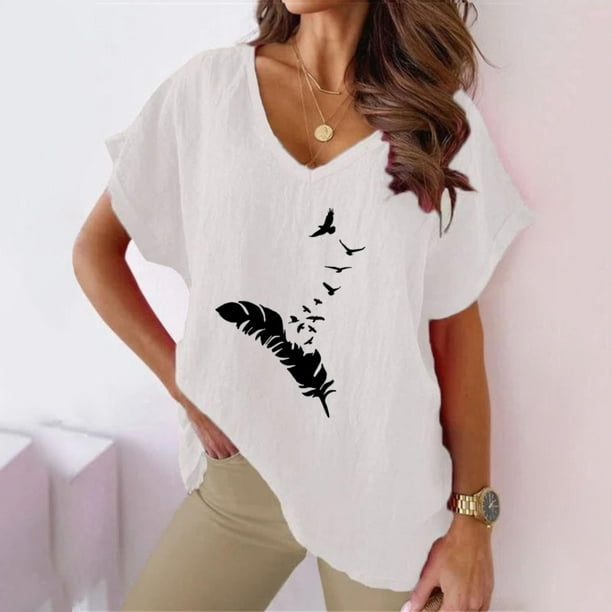 Gibobby Camisetas Mujer Baratas Manga Corta Camiseta manga corta murcielago casual algodon con cuello en V y estampado plumas para mujer Blanco M Walmart en linea