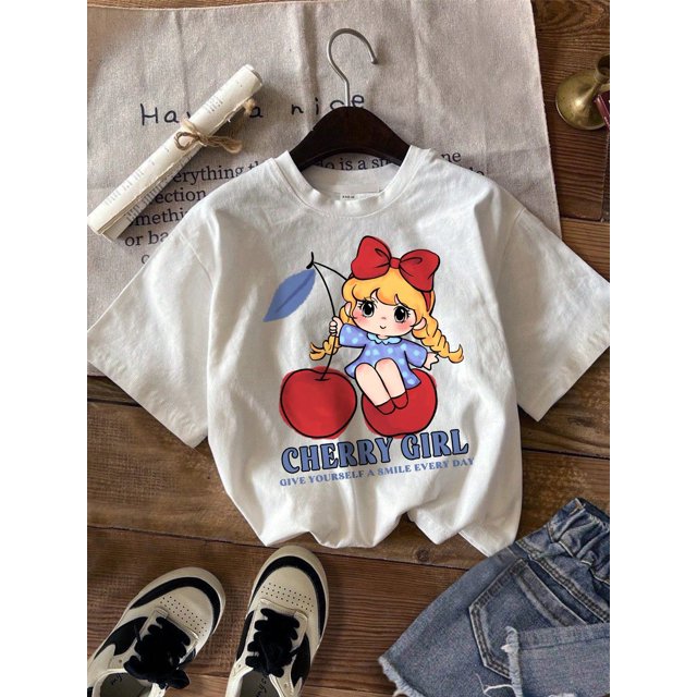 Ropa para la vuelta al cole, camisetas bonitas, ropa para niña, princesa, camiseta informal blanca de manga corta y cuello redondo con estampado de princesa de cerezas, ideal para el verano. Camiset
