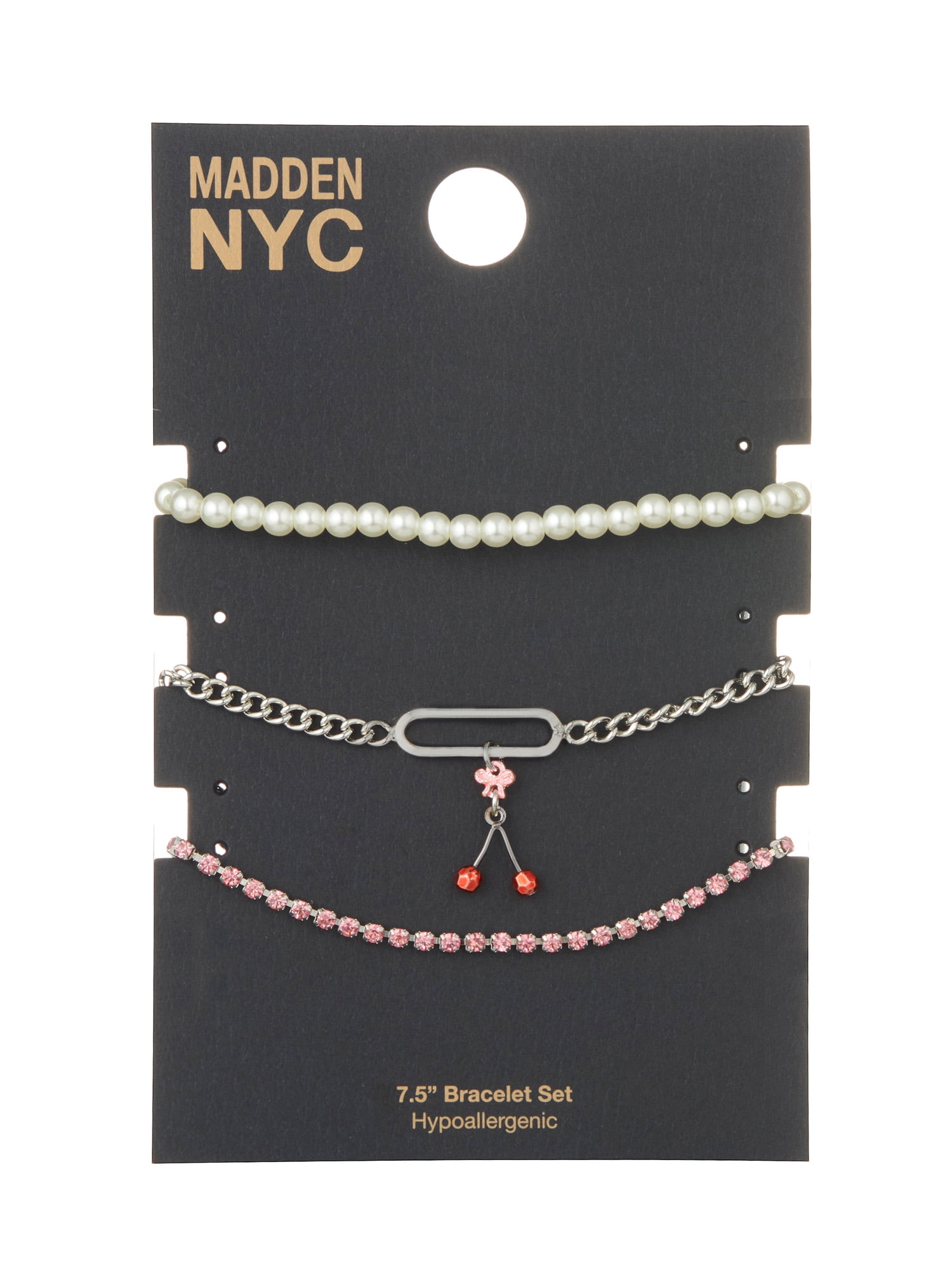 Madden NYC Women's Fashion Rhodium Cherry Mixed Charm Pearl Bracelet 3-Piece Set