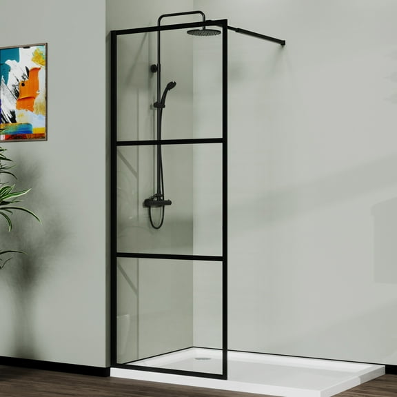 Demi Bonn 34" x 72" Shower Screen Door, Stylish 3-Panel Walk-In Wet Room Divider, Clear Tempered Glass Shower Door, Black