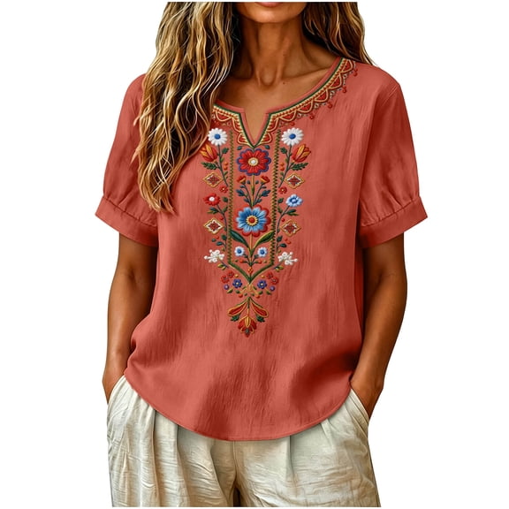 SSZMDLB Women Plus Size V Neck Short Sleeve Embroidered Boho Tshirt Casual Summer Tops Loose Fit Flowy Tee Shirt Vacation Outfits Beach Holiday Clothes, Orange M