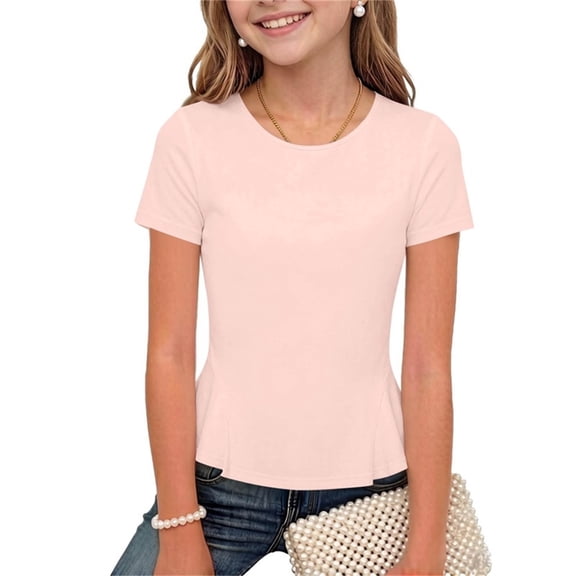 ATOGUTA Shirts For Teens Short Sleeve Tshirts Crewneck Cute Summer Casual Basic Tops for Kids Teen Size 3T-15, Pink