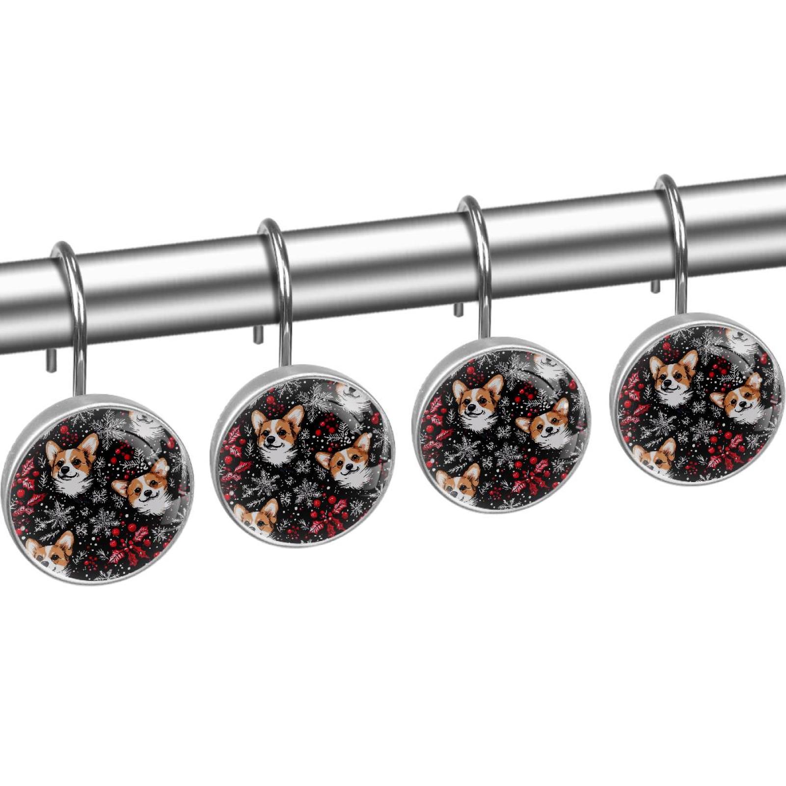 Red Berry Pine Snowflake Corgis Shower Curtain Hooks Round Crystal Glass, Set of 12 Shower Curtain Rings - Shower Hooks for Curtain Shower Rings