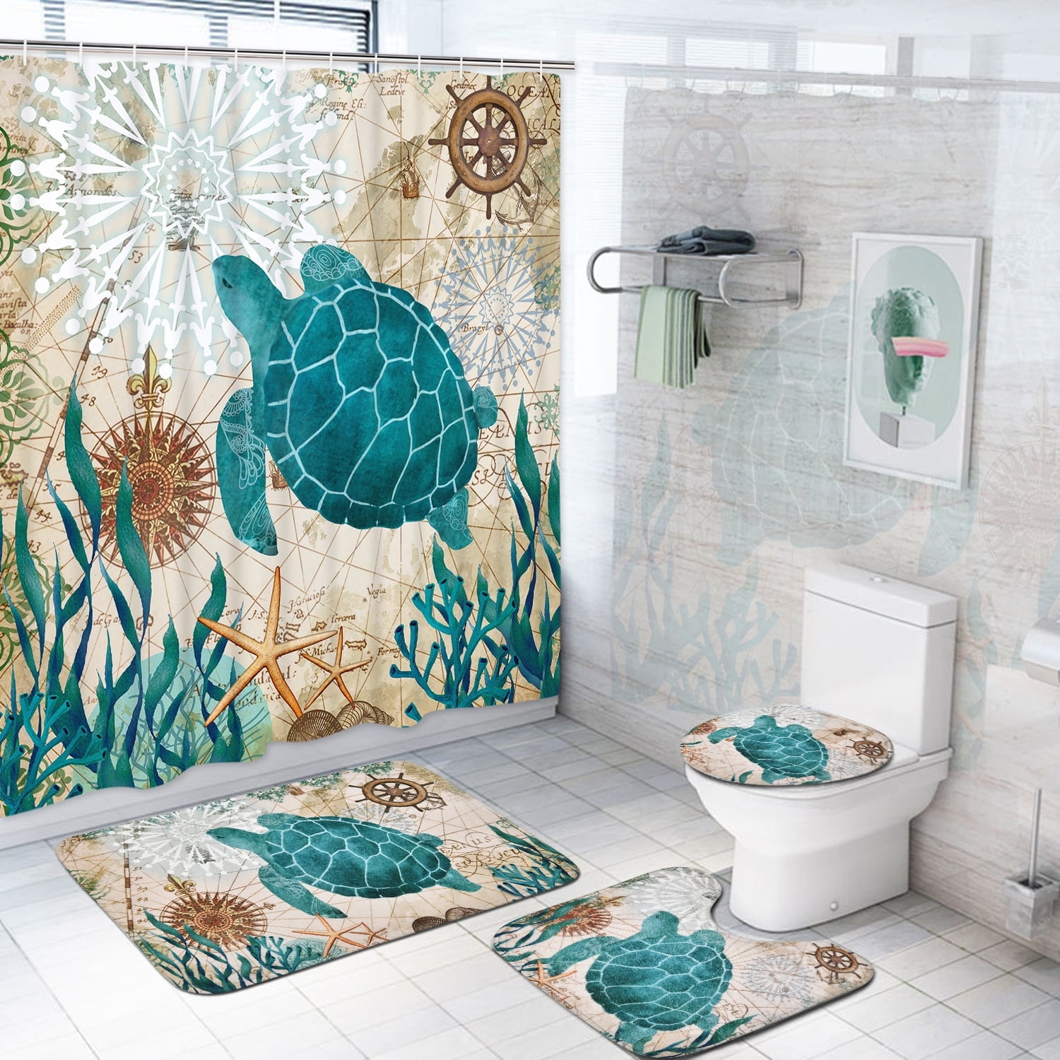 FRAMICS Blue Sea Turtle Shower Curtain Sets with Rugs, 16 Pc Nautical Ocean Bathroom Sets, Waterproof Fabric Bathroom Curtain Decor with Hooks