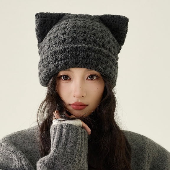 Women Cat Ear Beanie Knit Hat Cute Warm Winter Knitted Cap Fashion Autumn Cozy
