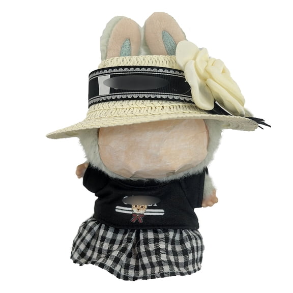 Trendy Doll Clothing Set - Straw Hat, Black Top, Plaid Skirt for 14-17cm Dolls