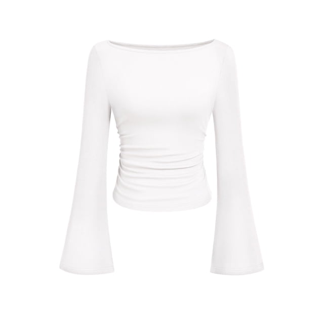 Top Corto de Manga Larga de Punto Acanalado Blanco para Mujer PRETTYGARDEN