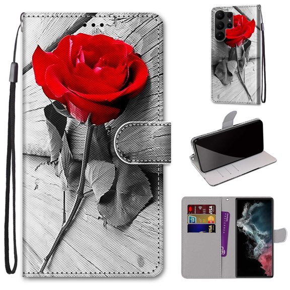 SaniMore Painted Wallet Case Compatible with Galaxy S23 Ultra, Stylish PU Leather Shell Magnetic Closure Shockproof Kickstand Case with Wrist Strap for Samsung Galaxy S23 Ultra,