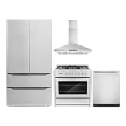 Cosmo 4 Piece Kitchen Appliance Packages with 36" Freestanding 220/240V Dual Fuel Range 36" Wall Mount Range Hood 24" Built-in Dishwasher & French Door Refrigerator Kitchen Appliance Bundles