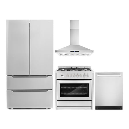 Cosmo 4 Piece Kitchen Appliance Packages with 36  Freestanding 220/240V Dual Fuel Range 36  Wall Mount Range Hood 24  Built-in Dishwasher & French Door Refrigerator Kitchen Appliance Bundles