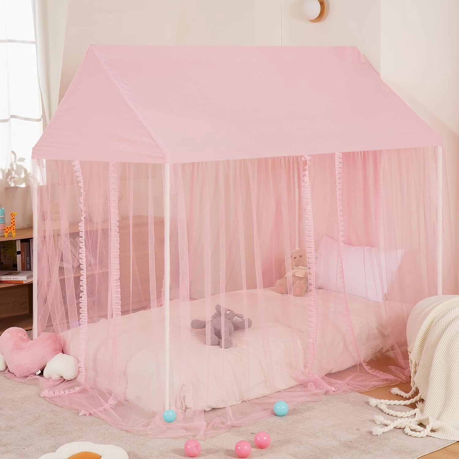 Princess Bed Canopy for Girls - Pink Bed Canopy Princess Castle Dreamy Playhouse Mosquito Net Reading Nook Canopies Play Tent Canopy Bed Curtains for Kids Room(Twin,Full)