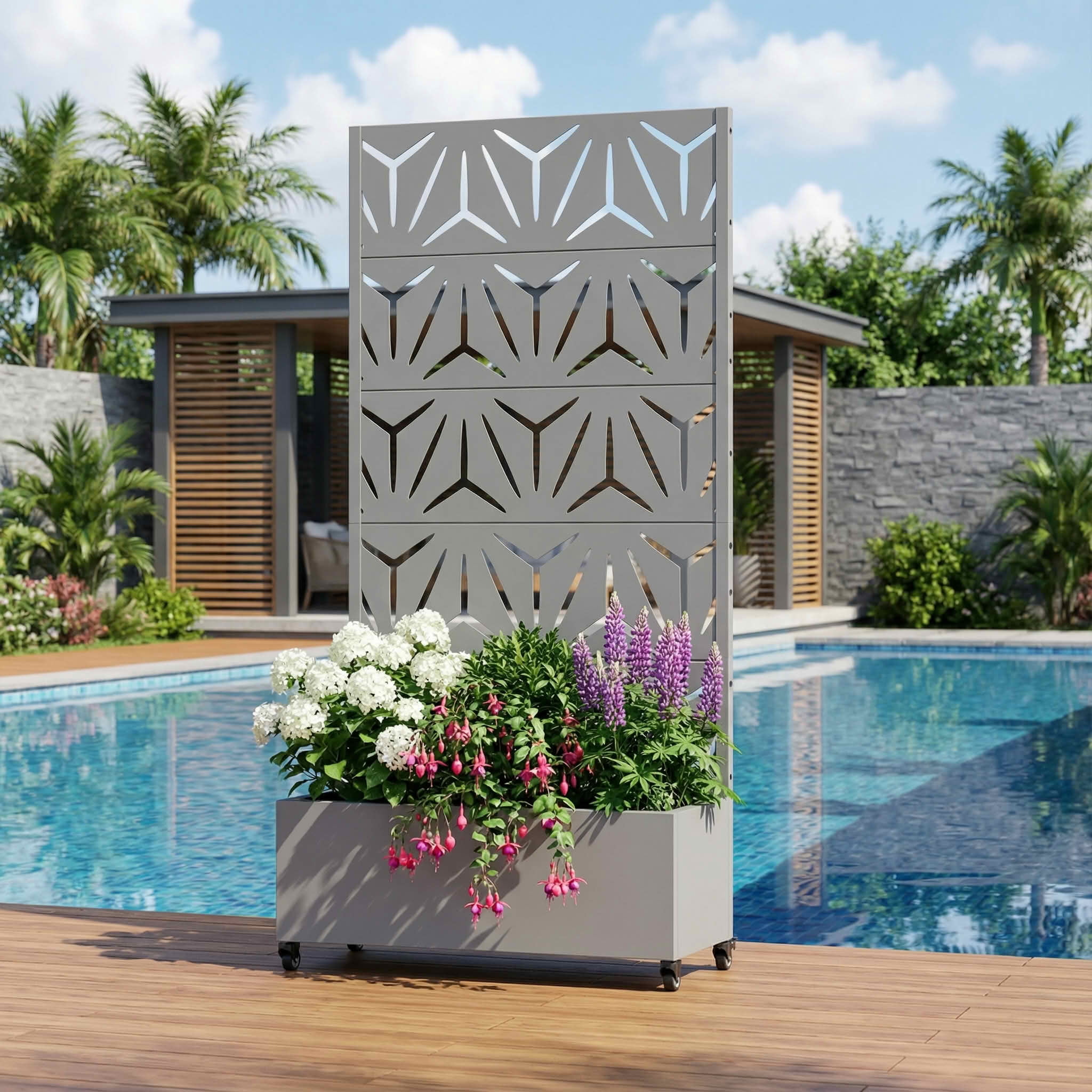 MAYEERTY 72X35" Metal Outdoor Gray Privacy Screen with Planter Box for Backyard & Garden, 5 Piece Set