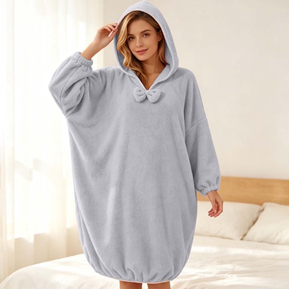 Karymi Women Nightgown Sleepwear for Women Coral Fleece Hooded Bath Dress, Bow Front Long Sleeve Oversized Pullover Towel Robe, Loungewear Nightgown