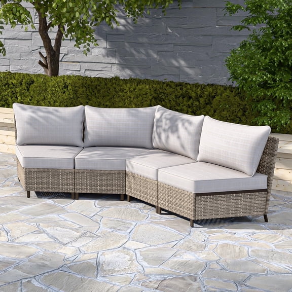 COOS BAY Aurora Terrace Set of 2 Brown Wicker Rattan Patio Sectional Seating Group Armless Loveseat, Beige Cushion