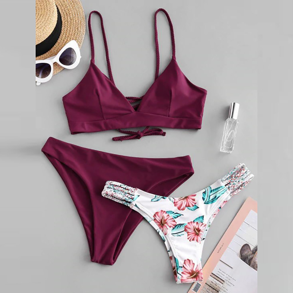 Women's Bikini Print Set Swimsuit Three Piece Filled Bra Swimwear