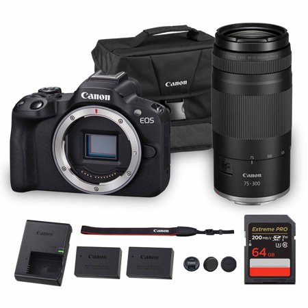 Canon EOS R50 Mirrorless Camera | 24.2MP APS-C 4K 30p Video Dual Pixel AF II 15fps Burst Vari-Angle Screen Compact Beginner Vlogging Camera (5811C002) + Canon RF 75-300mm Lens + 64GB Card + More