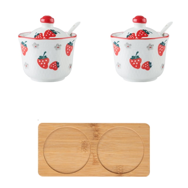 Hand Drawn Pattern Sugar Bowl With Lid, Ceramic Teacup Shape Sugar Pot, Coffee Accessories, Sugar Pourer, Kitchen Storage-Red Strawberry-2 Set