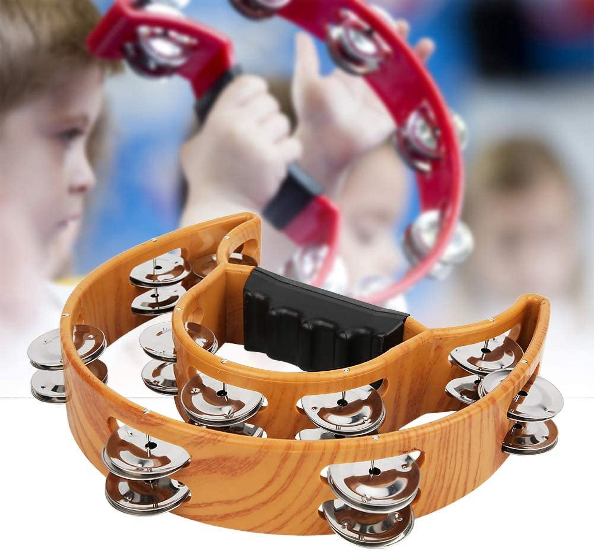 CATPAN Sturdy Wooden-Style Tambourine with Double Row Jingles & Comfort Grip - Percussion Instrument