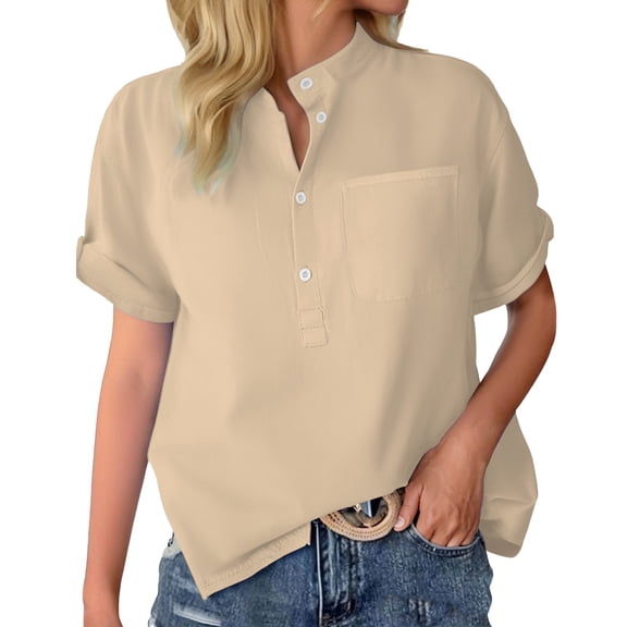 ManxiVoo Casual Stand Collar Short Sleeve Tunic with Pocket Lightweight and Breezy Pullover for Everyday Relaxed Wear L Size Beige