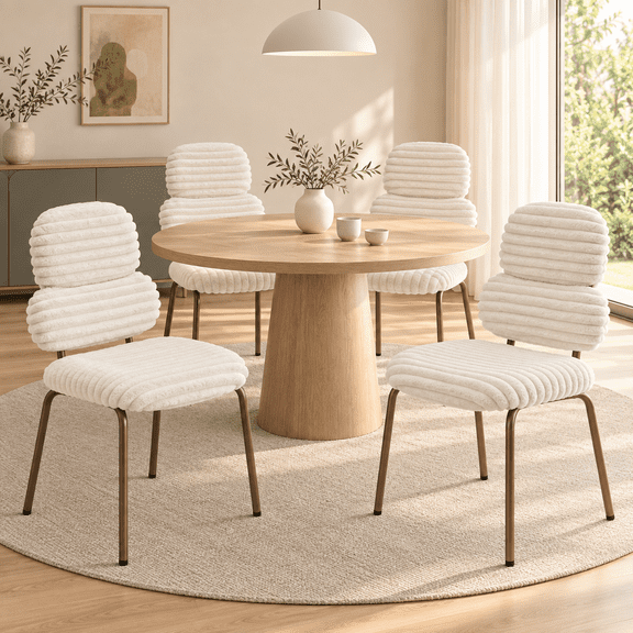 Pinmoco Upholstered Dining Chairs Set of 4, Corduroy Kitchen Chairs with Padded Seat, Metal Legs, Beige