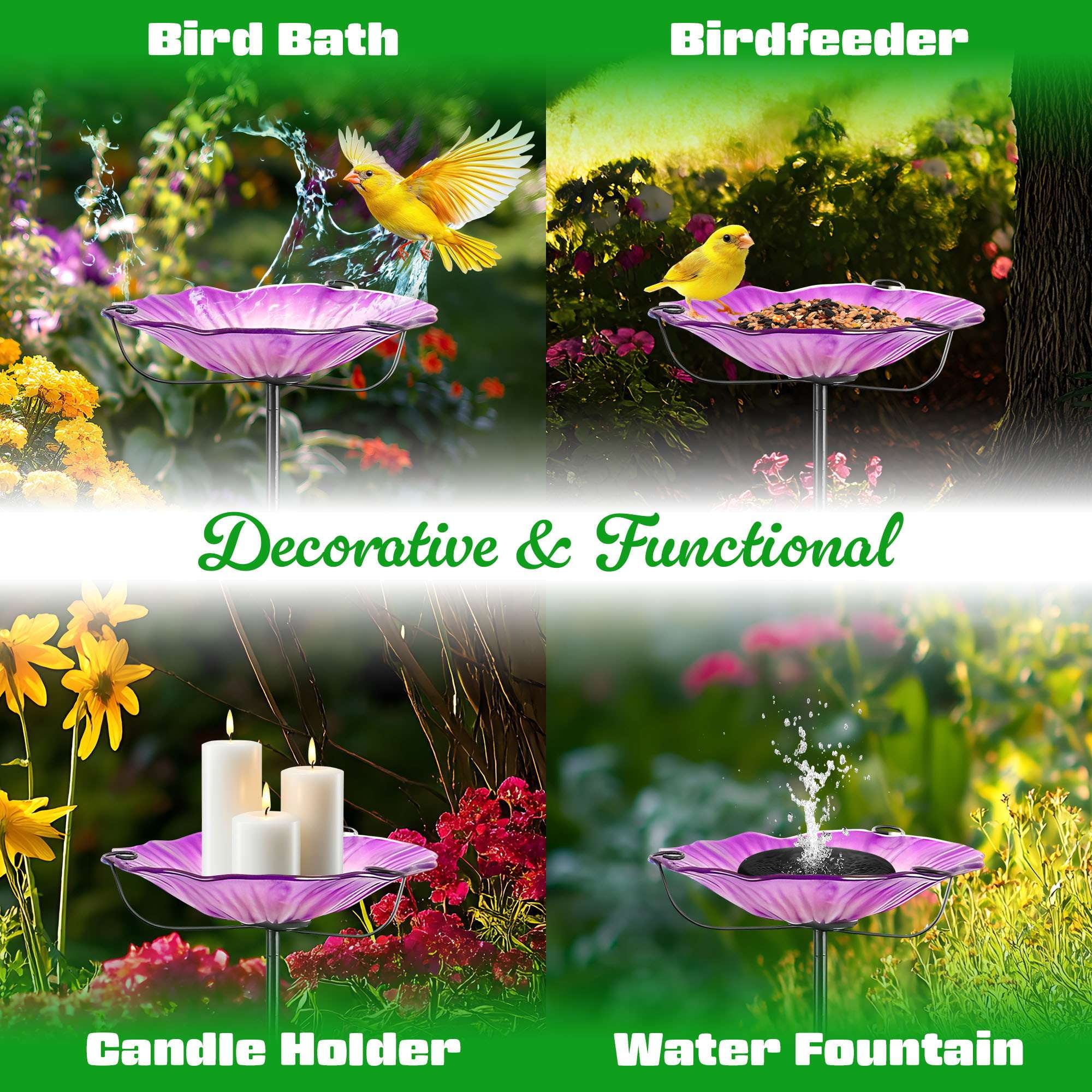 G128 29 Inch Height Glass Bird Baths with Metal Stake | Decorative Purple Flower Design Outdoor Garden Bird Feeder
